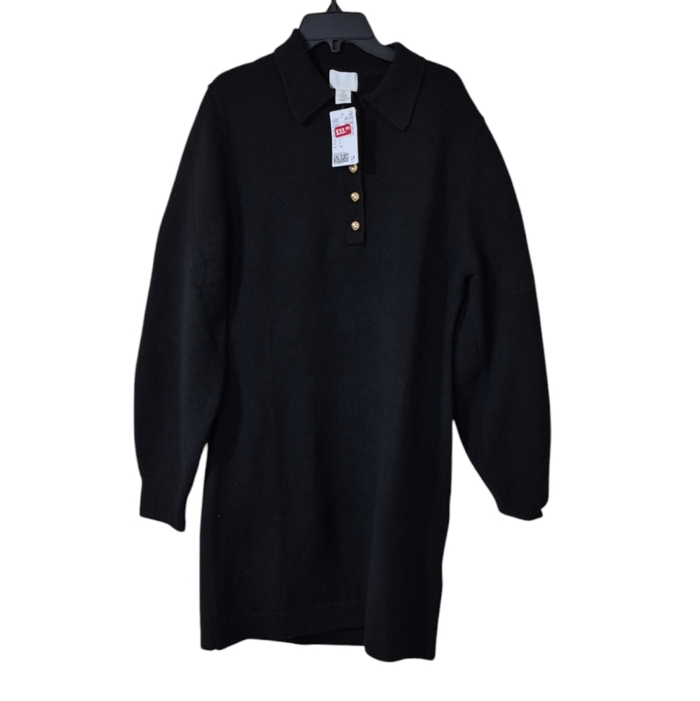 Ladies H&M Black Classy Fine-Knit Dress With Colar & Gold Buttons